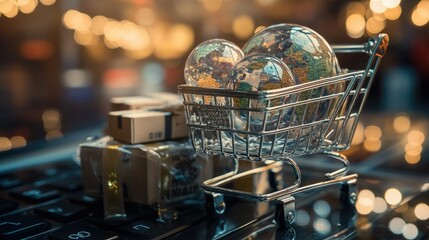 Poster - Global economy concept with shipping boxes, crystal globes of various currencies, and a shopping cart, symbolizing world trade.
