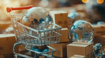 Poster - Global economy concept with shipping boxes, crystal globes of various currencies, and a shopping cart, symbolizing world trade.