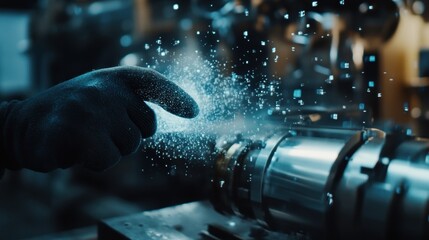 Poster - engineer wearing a glove touching a futuristic digital binary code stream emitting from his fingerti