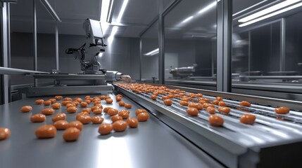 Poster - High-tech robot inspecting food products on an automated production line in a modern, clean food processing facility.