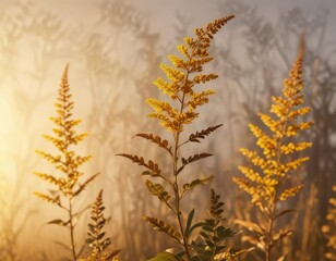 Wall Mural - Brown branches of goldenrod sway gently in the breeze against the backdrop of a warm golden light , , goldenrod