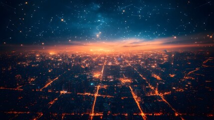 Poster - Stunning cityscape of a vibrant glowing metropolis with electric geometric patterns dynamic highlights and captivating colorful aesthetic charm at night