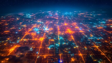 Poster - Pulsing geometric city grids glowing brightly at night vibrant and electric with colorful dynamic highlights and aesthetic charm  A captivating urban landscape with a futuristic
