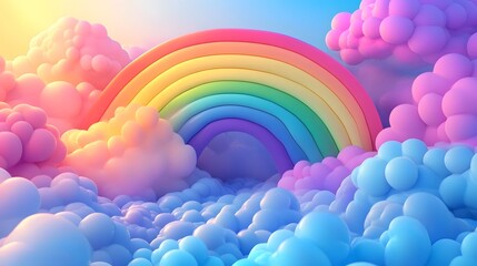 Poster - vibrant and colorful rainbows gracefully arching across a sky filled with whimsical wispy clouds in 
