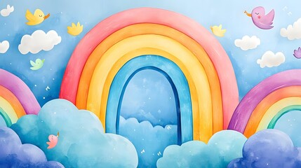 Poster - vibrant childlike rainbows and fluffy clouds with whimsical hand drawn accents featuring a playful i
