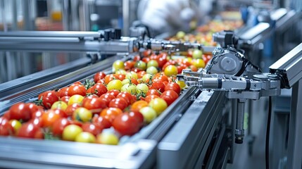 Poster - Robotic arms in a clean industrial facility working seamlessly on an automated food production line, highlighting innovation.