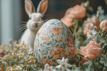 Wall Mural - White rabbit sitting in a basket filled with colorful flowers in a natural outdoor setting during daylight