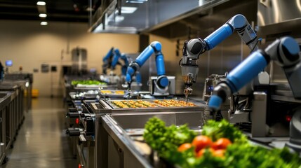 Poster - State-of-the-art food production facility showcasing machinery and robotic arms working collaboratively on a streamlined line.