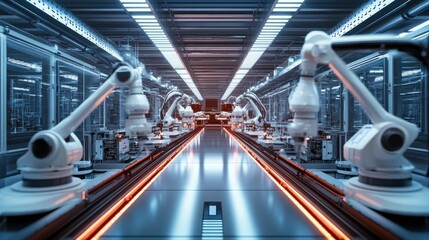 Poster - State-of-the-art food production facility showcasing machinery and robotic arms working collaboratively on a streamlined line.