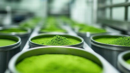 Poster - Streamlined production line featuring green tea matcha powder containers in a sleek, clean industrial environment.
