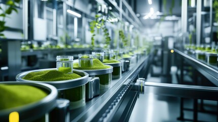 Poster - Streamlined production line featuring green tea matcha powder containers in a sleek, clean industrial environment.