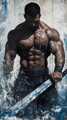 Poster - Muscular Man with Sword: A Powerful Painting