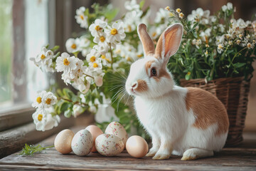 Wall Mural - Rabbit sitting beside a basket filled with colorful eggs on a grassy surface in a bright outdoor environment