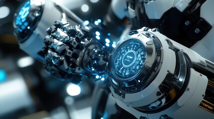 Poster - Futuristic robot arm connecting to a data port with glowing lights, symbolizing advanced technology, artificial intelligence, and the future of robotics