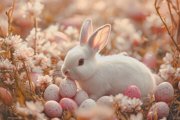 Wall Mural - White rabbit sitting in a colorful field of easter eggs surrounded by green grass under a clear blue sky in a vibrant spring setting