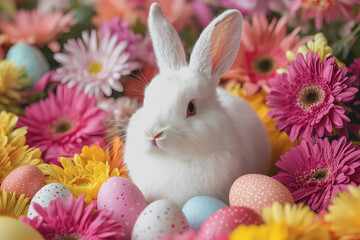 Wall Mural - White rabbit sitting in a colorful field of flowers amidst green grass under a clear blue sky in a serene natural setting