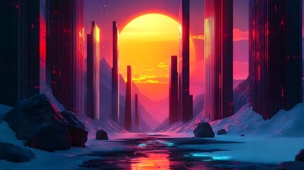 Poster - Striking and dynamic architectural landscape scene featuring vibrant futuristic geometric patterns colorful glowing highlights