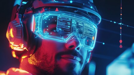 Poster - professional video game player wearing futuristic vr headset and headphones, experiencing the metave