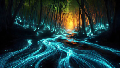 A fantastical landscape with a forest lit by glowing streams and a radiant clearing.