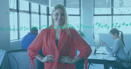 Poster - Image of financial data processing over caucasian businesswoman in office