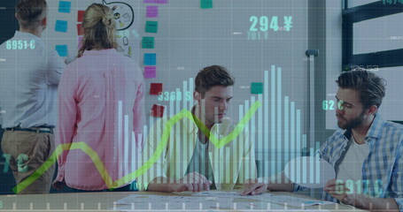 Poster - Image of financial data processing over diverse business people in office