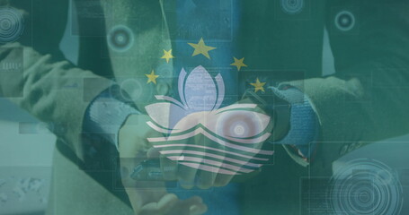 Poster - Image of flag of macau over processing data and biracial man using smartwatch and smartphone
