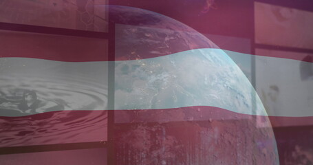 Poster - Image of flag of austria and image screens showing water over globe in space