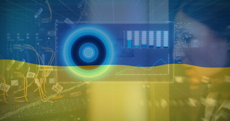 Poster - Image of flag of ukraine and data processing on interface screens over servers