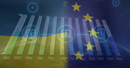 Poster - Image of flags of ukraine and eu over network of media icons and charts processing data