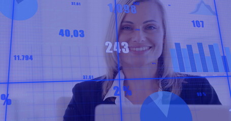 Poster - Image of data processing over caucasian businesswoman using laptop