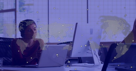 Poster - Image of data processing over biracial businesswoman using laptop