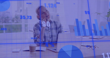 Poster - Image of scope and data processing over caucasian businesswoman using laptop