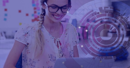 Poster - Image of scope and data processing over caucasian businesswoman using laptop
