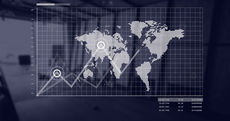 Poster - Image of world map and data processing over office