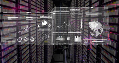 Poster - Image of business icons and digital data processing over computer servers