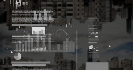 Poster - Image of data processing and diagrams over cityscape