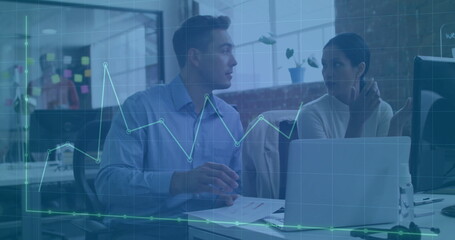Poster - Image of financial data processing over diverse business people in office