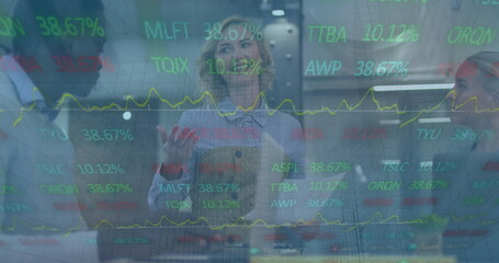 Poster - Image of financial data processing over diverse business people in office