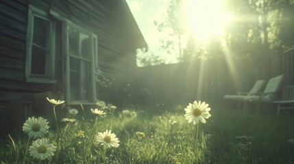 Wall Mural - Sunlit Garden with White Daisies Near Wooden Cottage in Nature