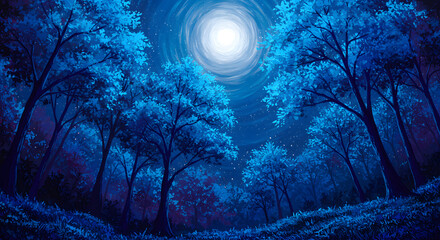 A peaceful night in a forest bathed in moonlight.