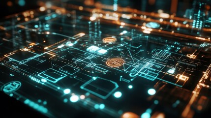Poster - Futuristic digital circuit board processing bitcoin transactions with glowing lines and nodes representing the complex network of cryptocurrency mining