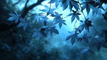 Wall Mural - Ethereal Blue Leaves in Soft Illumination of a Calm Forest Scene