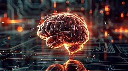 Poster - 3D electronic brain illuminated with orange lights, rotating on futuristic digital technology background