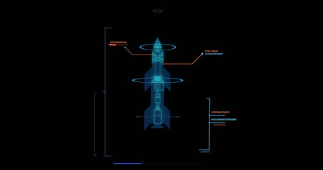 Poster - Image of data processing and rocket blueprint on black background