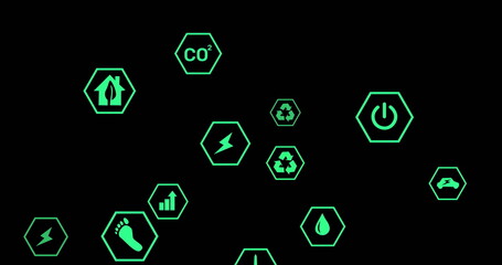 Poster - Image of falling ecology icons on black background
