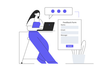 Poster - Feedback page concept. Character Woman giving review and filling webpage form with client experience. Flat Cartoon Vector Illustration, icon. Stylish abstract 
