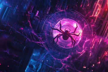 A spider is in the center of a purple and blue background