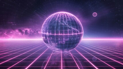 Aufkleber - neon luminous purple sphere with galactic grid 3d rendering image, ai generated