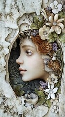 Wall Mural - Floral Portrait: A Serene Woman's Face Sculpted in Stone