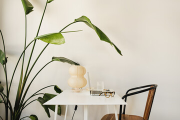 Wall Mural - minimalist desk setup with laptop, eyewear, and artistic lamp in a green plant-filled home office